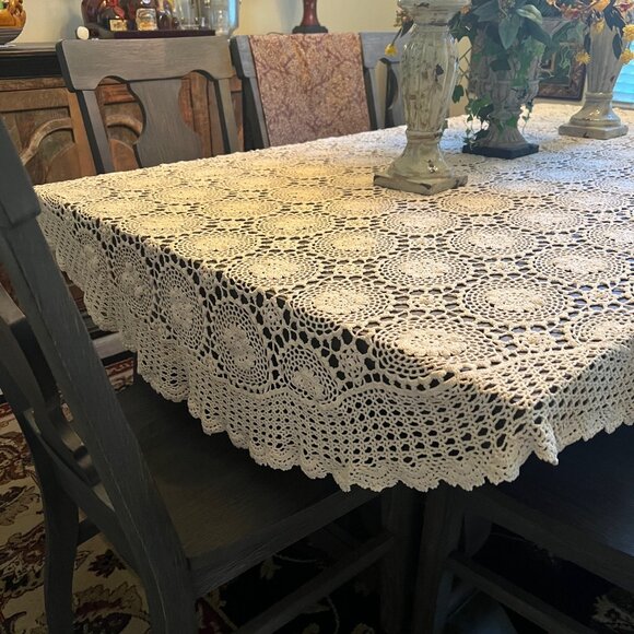 Crocheted Vintage Tablecloth-Handmade-Ivory/Cream-Approx. 68" x 108"-Rounded - Picture 5 of 10